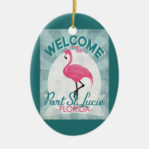 Port St Lucie Florida Pink Flamingo Retro Ceramic Tree Decoration