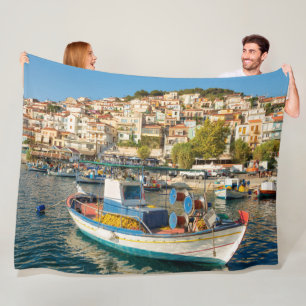 Port with fishing boats in Plomari, Lesvos, Greece Fleece Blanket