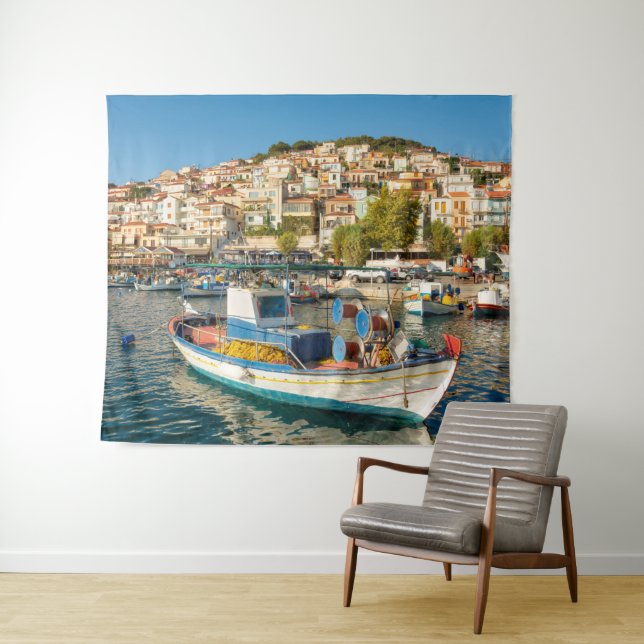 Port with fishing boats in Plomari, Lesvos, Greece Tapestry (In Situ (Horizontal))