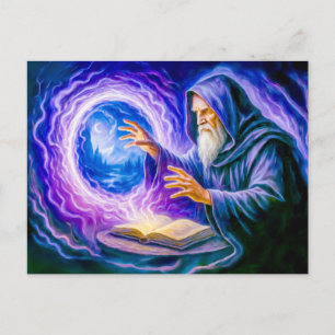 Portal-opening mage in oil painted fantasy holiday postcard