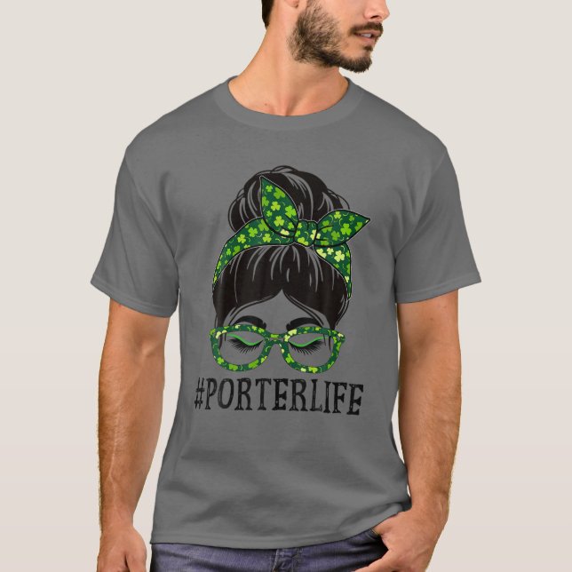Porter Women Messy Bun St Patrick's Day Shamrock T-Shirt (Front)