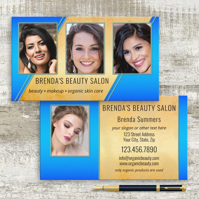 Portfolio Beauty Salon Gold Blue Business Card (Creator Uploaded)