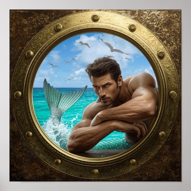 Porthole Poster Featuring Handsome Merman (Front)