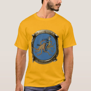 Porthole View of a SCUBA Diver Riding an Octopus T-Shirt