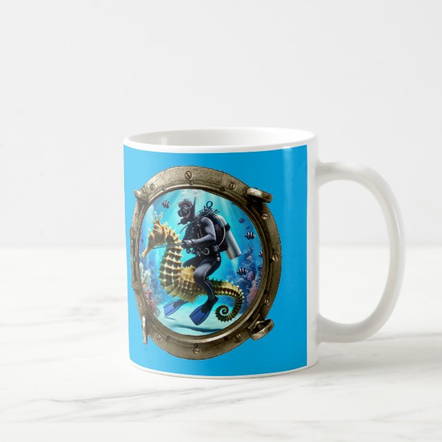 Porthole View of SCUBA Diver Riding a Seahorse URM Coffee Mug (Right)