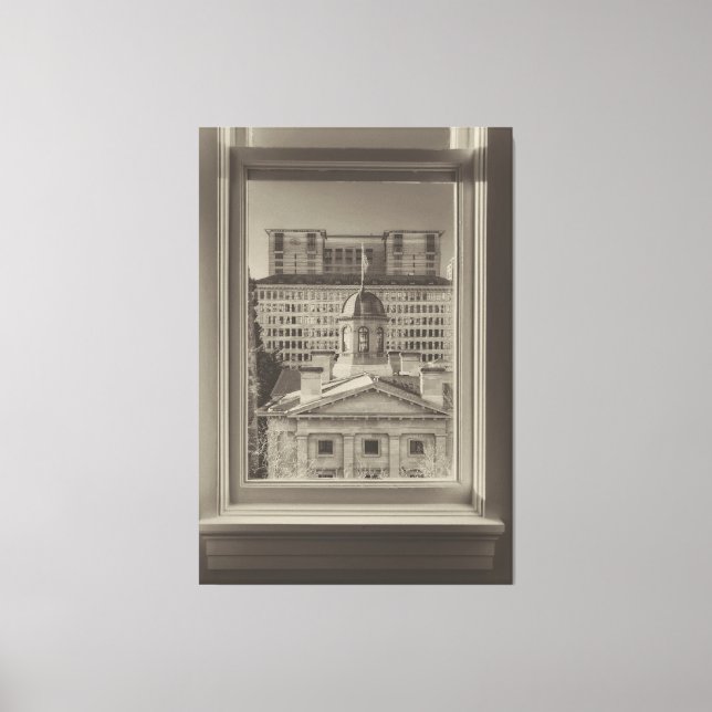 Portland Cityscape through a Window sepia Canvas Print (Front)