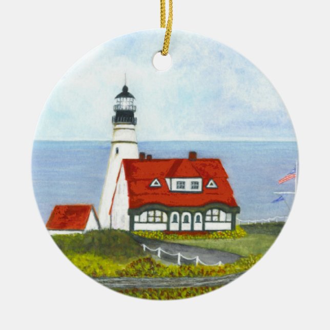 PORTLAND HEAD LIGHT by Brigid O'Neill Hovey Ceramic Tree Decoration (Front)