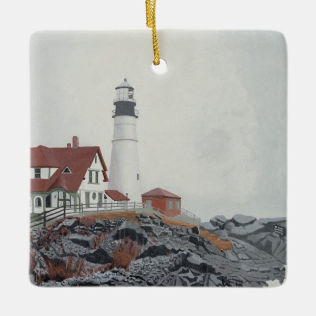 Portland Head Light in Fog Ceramic Ornament (Front)