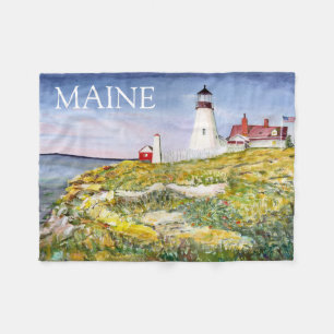 Portland Head Lighthouse Maine Watercolor Painting Fleece Blanket