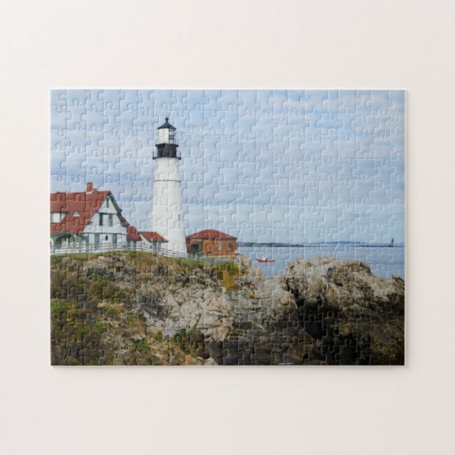 Portland Headlight lighthouse on rocky shore Jigsaw Puzzle (Horizontal)