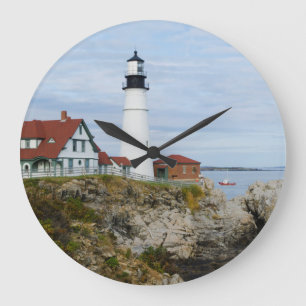 Portland Headlight lighthouse on rocky shore Large Clock