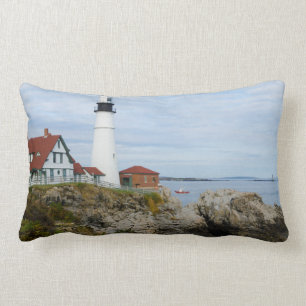 Portland Headlight lighthouse on rocky shore Lumbar Cushion