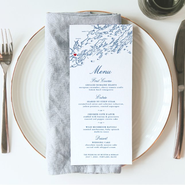 Portland Maine Casco Bay Map Elegant Navy Script Menu (These navy blue Portland Maine wedding menus are perfect for your destination wedding in Casco Bay)