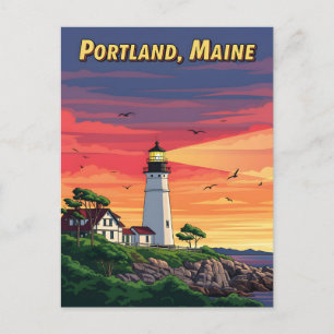 Portland Maine lighthouse at sunset  Postcard