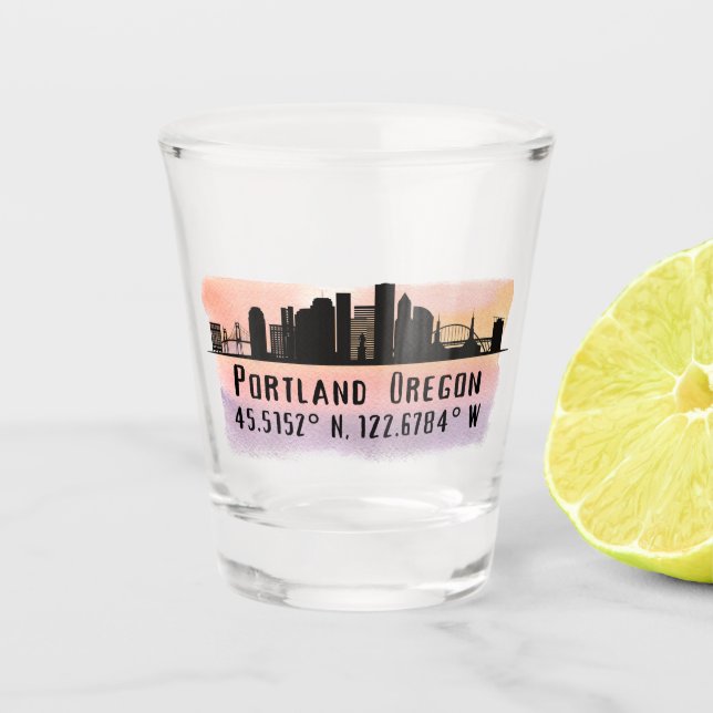 Portland OR City Skyline Latitude and Longitude   Shot Glass (Front)