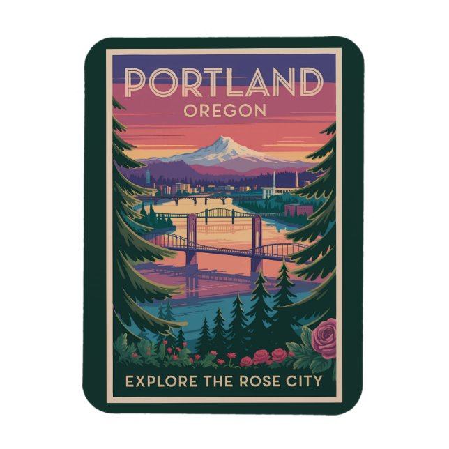 Portland Oregon Mount Hood Travel Art Vintage Magnet (Vertical)