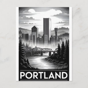 Portland Oregon Skyline Black White Woodcut Holiday Postcard