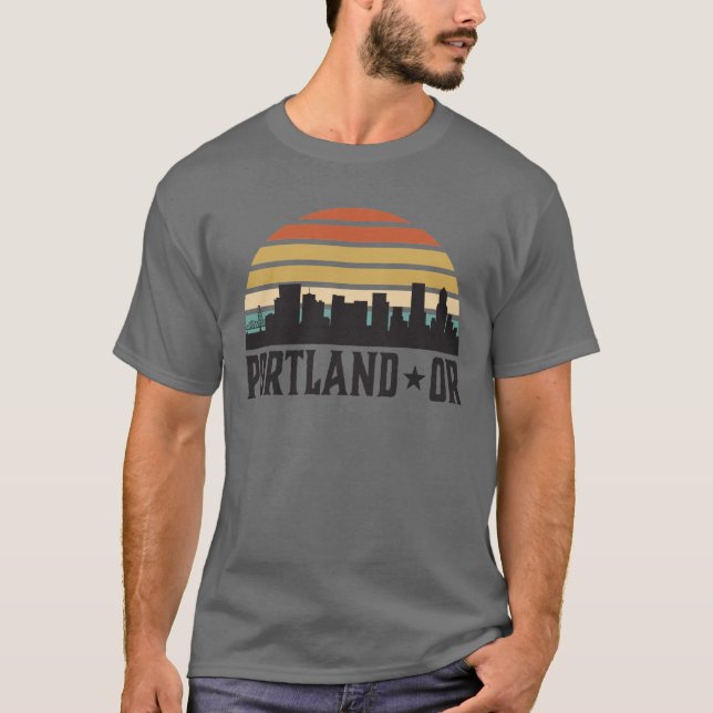 Portland Oregon Skyline Retro Sunset T-Shirt (Front)