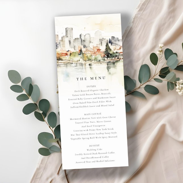 Portland Oregon Skyline Watercolor Wedding Menu Invitation (Creator Uploaded)