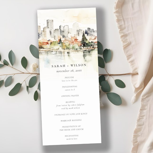 Portland Oregon Skyline Watercolor Wedding Program Invitation (Creator Uploaded)