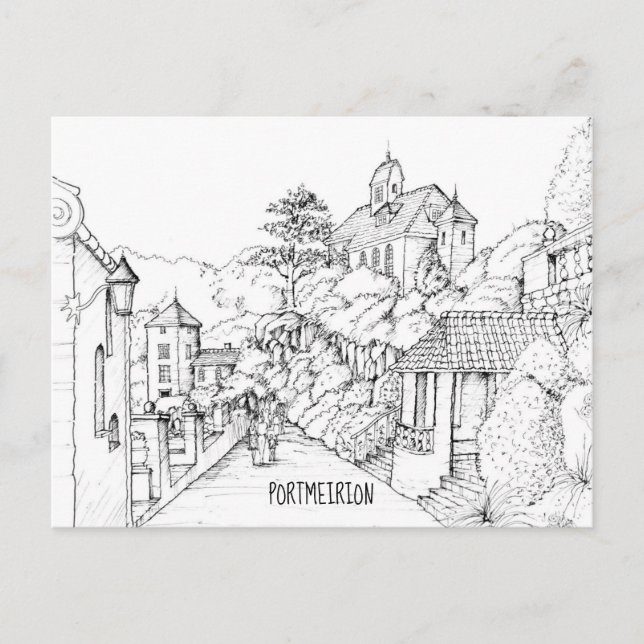 Portmeirion North Wales Pen and Ink Sketch Postcard (Front)