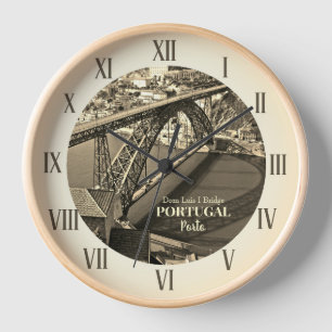 Porto bridge over Douro River, Portugal, sepia Clock