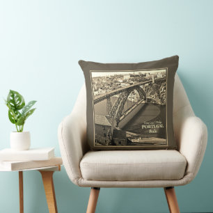 Porto bridge over Douro River, Portugal, sepia Cushion