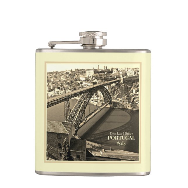 Porto bridge over Douro River, Portugal, sepia Hip Flask (Front)