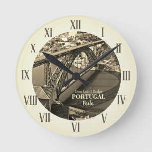 Porto bridge over Douro River, Portugal, sepia Round Clock
