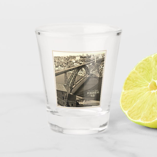 Porto bridge over Douro River, Portugal, sepia Shot Glass (Front)