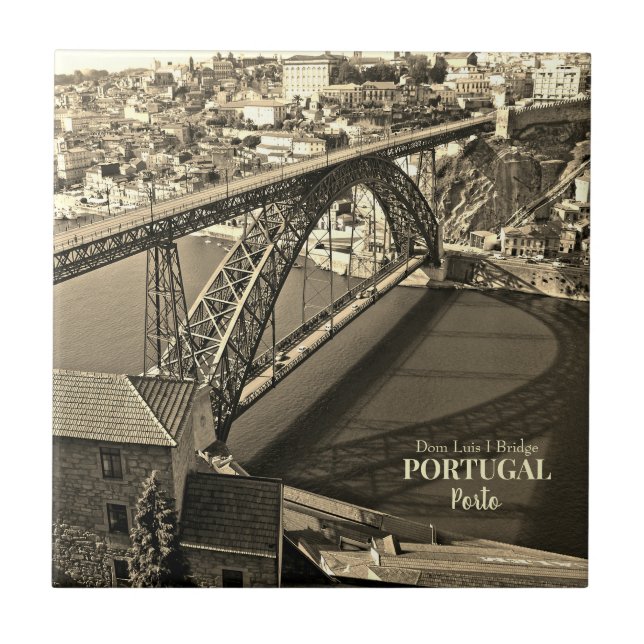 Porto bridge over Douro River, Portugal, sepia Tile (Front)