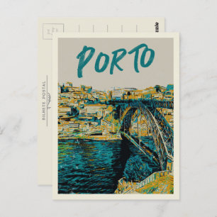Porto Douro river bridge illustration Portugal Postcard