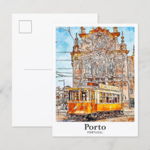 Porto Portugal Art Travel Watercolor Hand Drawn Postcard