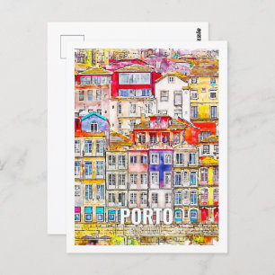 Porto Portugal Famous Travel Watercolor Sketch Postcard