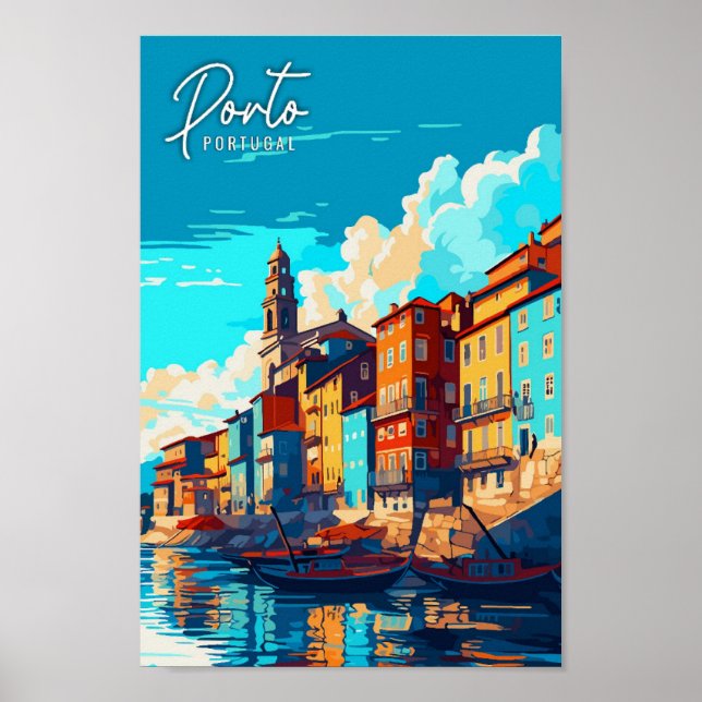 Porto Portugal vintage travel illustration Poster (Front)