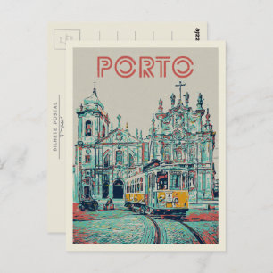 Porto tramway and church illustration Portugal Postcard