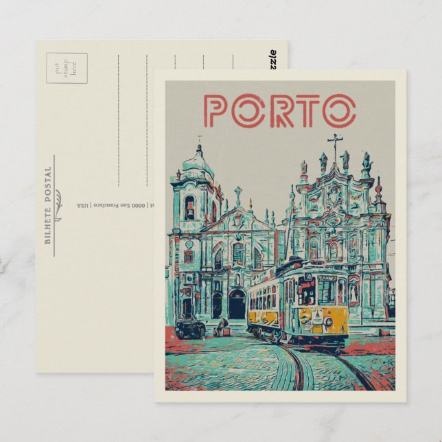Porto tramway and church illustration Portugal Postcard (Front/Back)