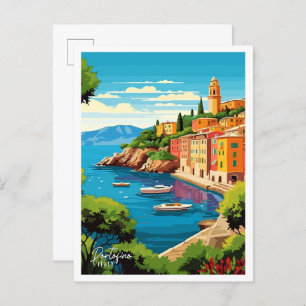 Portofino Italy Art Vintage Travel Illustration Postcard