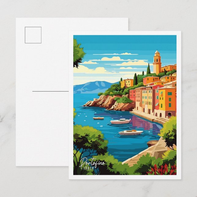 Portofino Italy Art Vintage Travel Illustration Postcard (Front/Back)