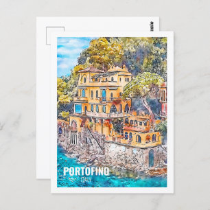 Portofino Italy Famous Travel Watercolor Sketch Postcard