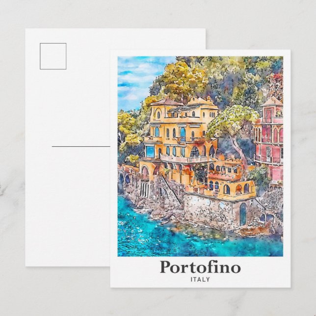 Portofino Italy Travel Watercolor Hand Drawn Postcard (Front/Back)