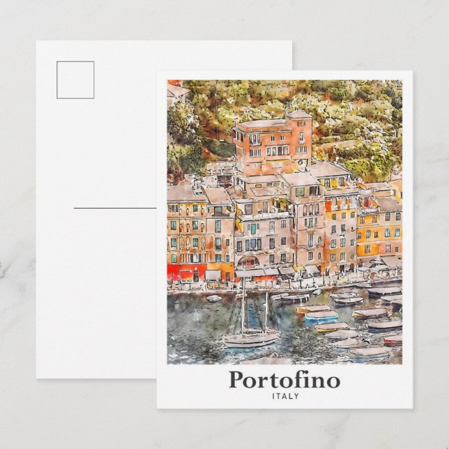 Portofino Italy Travel Watercolor Hand Drawn Postcard (Front/Back)