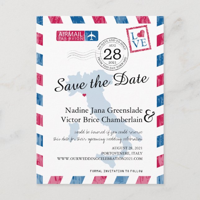 Portovenere Italy Red Blue Airmail Save The Date Announcement Postcard (Front)
