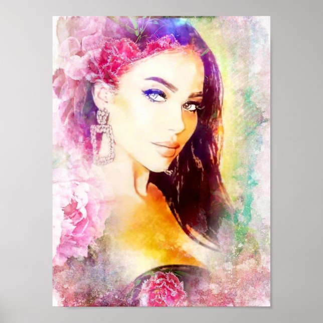Portrait aquarelle femme fleur poster (Front)