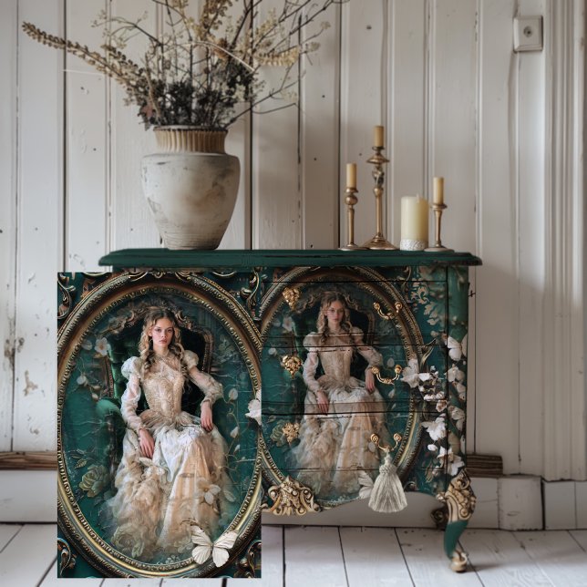Portrait Art Edwardian Era Emerald Green Tissue Paper (Vintage Edwardian Era Haunting Beauty Portrait Floral & Butterflies Furniture Decoupage Tissue Paper)