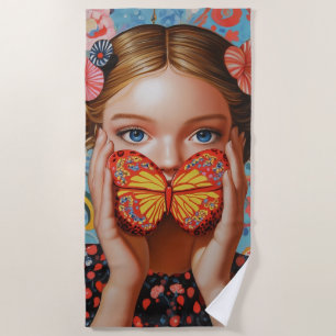 Portrait Butterfly Girl in a Floral Wonderland Beach Towel