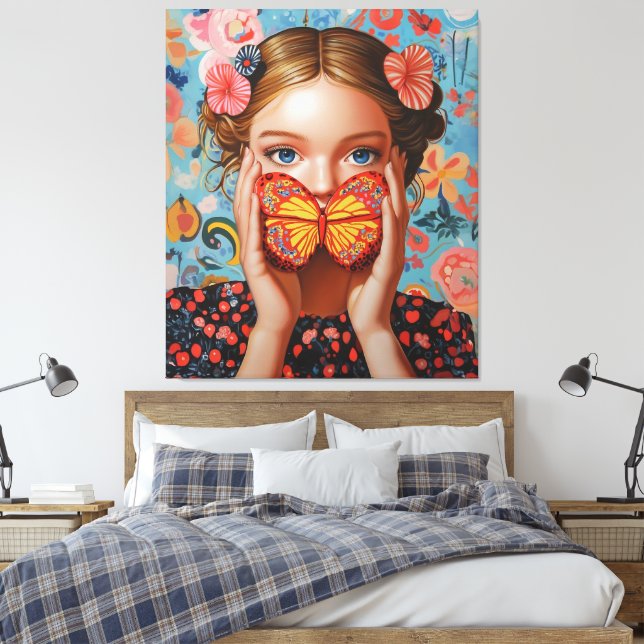 Portrait Butterfly Girl  in a Floral Wonderland Canvas Print (Insitu(Bedroom))