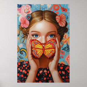 Portrait Butterfly Girl in a Floral Wonderland Poster