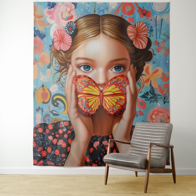 Portrait Butterfly Girl  in a Floral Wonderland Tapestry (In Situ)