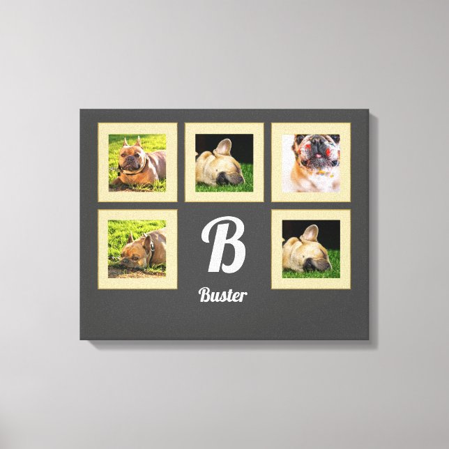 portrait dog pet photo collage monogram on grey canvas print (Front)